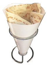 Contemporary Table Top Crepe Holder, Stainless Steel - Fits LARGE SIZE FRENCH CREPE HOLDER (not regular size or Japanese wrappers). This item is designed more for paper cones, but works well with our large size cardboard crepe holders as well.