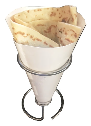 Contemporary Table Top Crepe Holder, Stainless Steel - Fits LARGE SIZE FRENCH CREPE HOLDER (not regular size or Japanese wrappers). This item is designed more for paper cones, but works well with our large size cardboard  crepe holders as well.