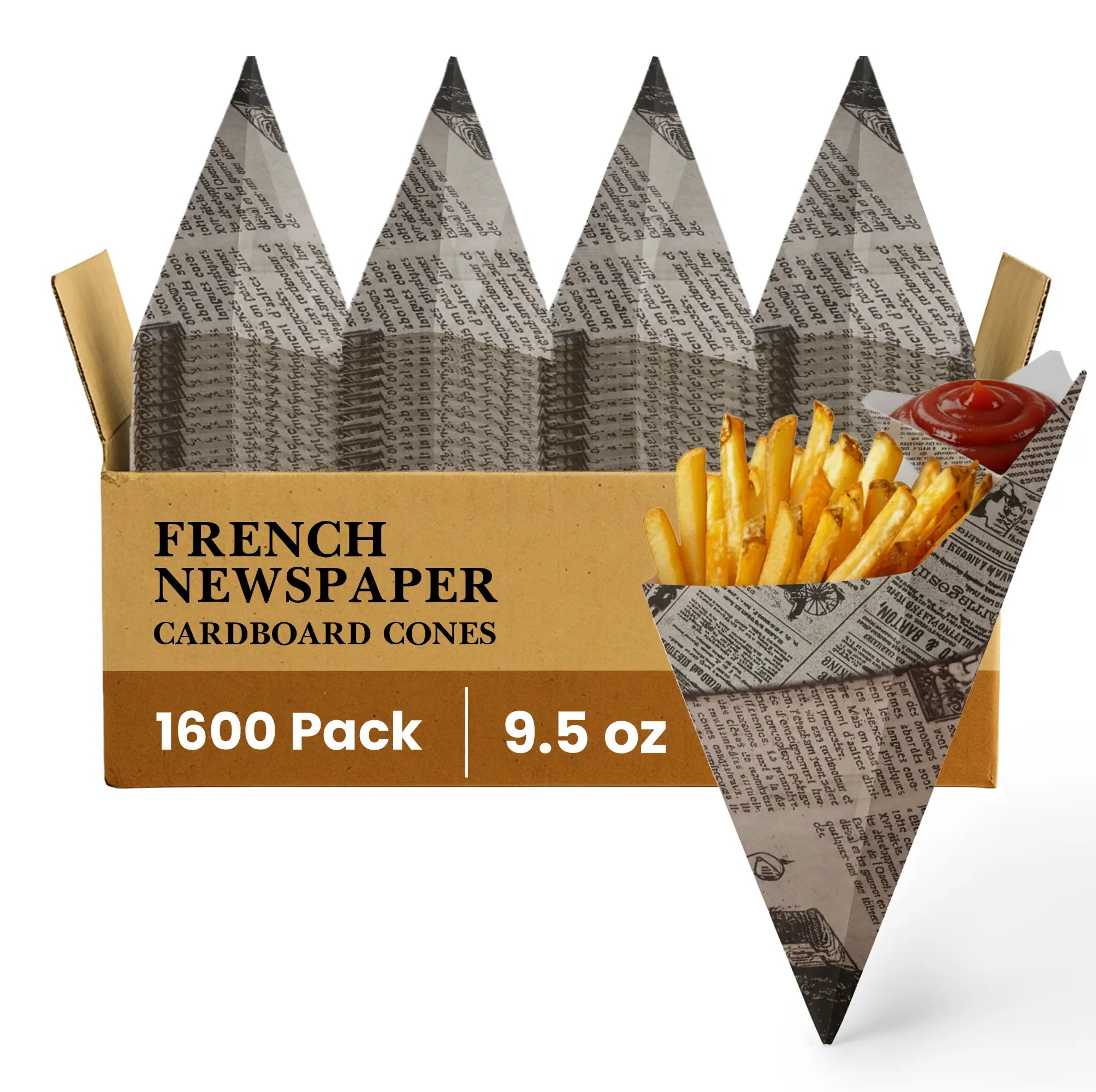 FRENCH NEWSPAPER
CARDBOARD CONES
1600 Pack
9.5 oz