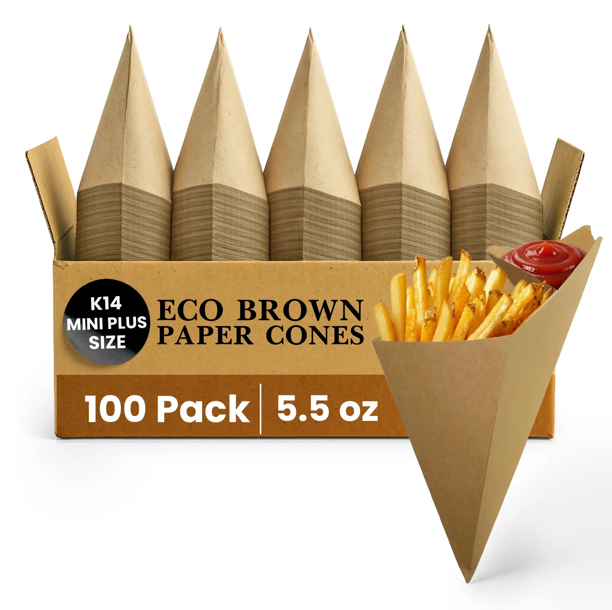 K14 MINI PLUS SIZE
ECO BROWN PAPER CONES
100 Pack
5.5 oz