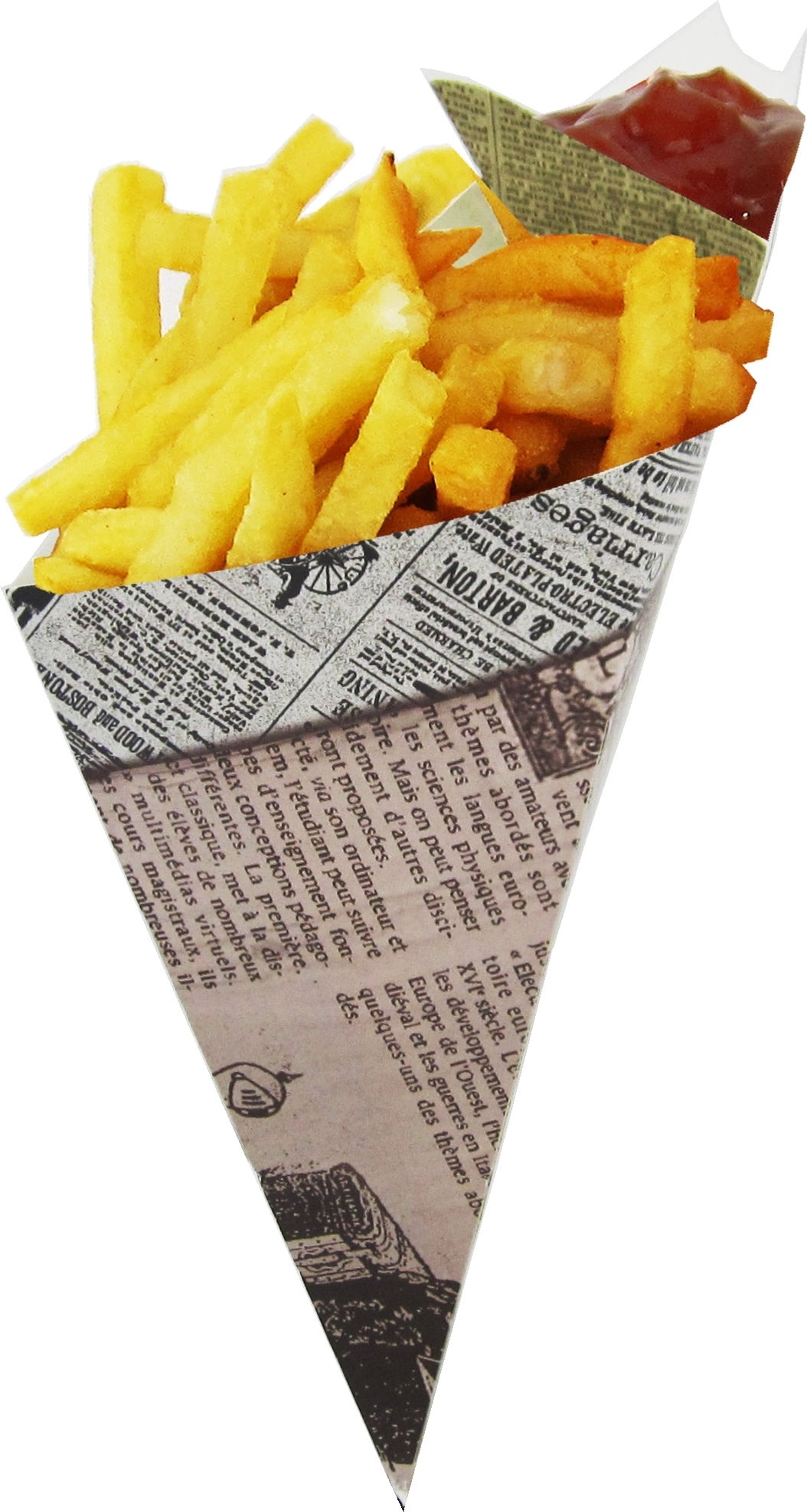 Blow-OUT Sale on Full Case X Large K-20 French Newspaper Cardboard Cone With Built In Sauce Container , holds 12.5 oz.