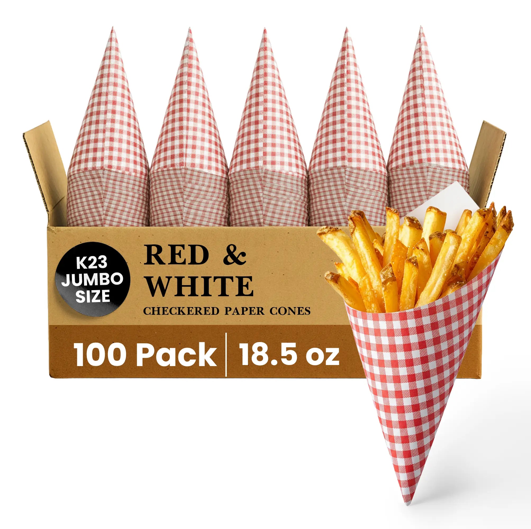 K23 JUMBO SIZE
RED & WHITE
CHECKERED PAPER CONES
100 Pack
18.5 oz