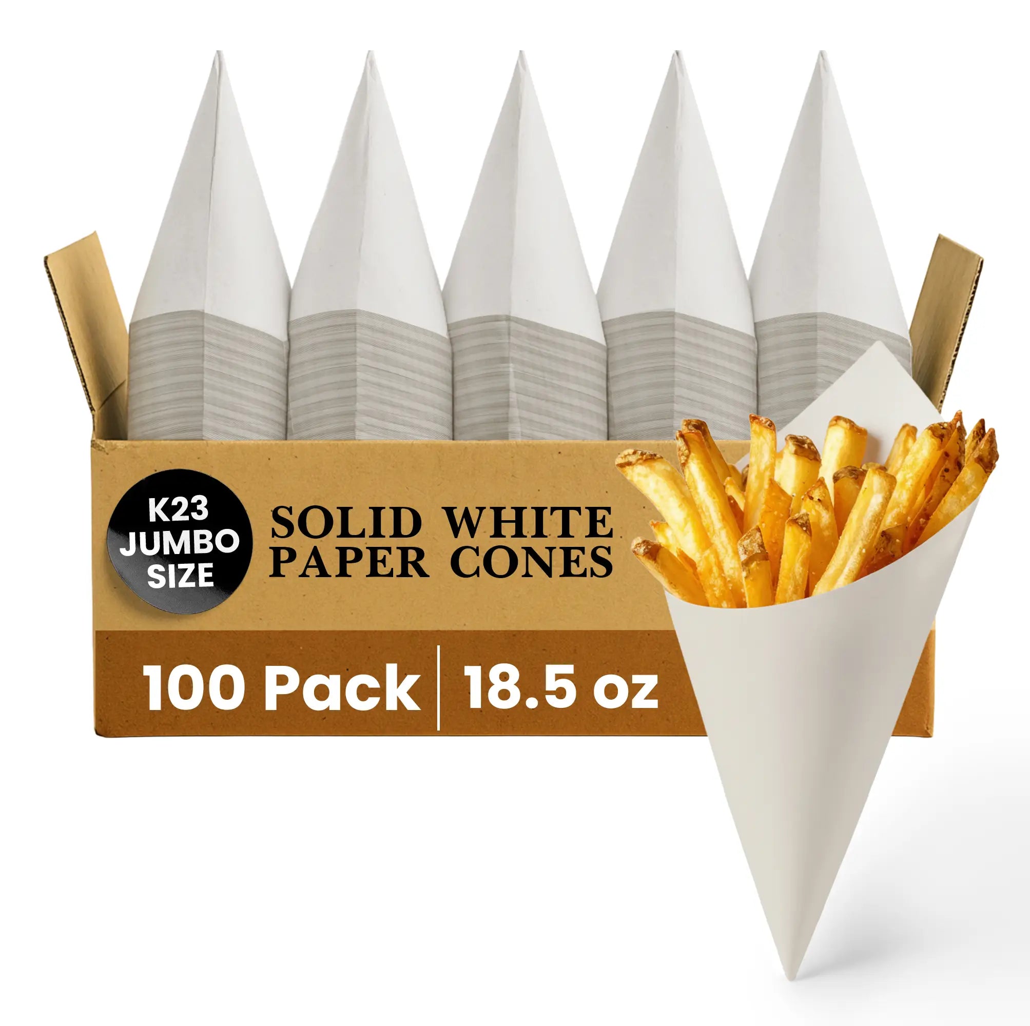 Jumbo K-23 White Paper Cones. Jumbo, holds 18.5 oz