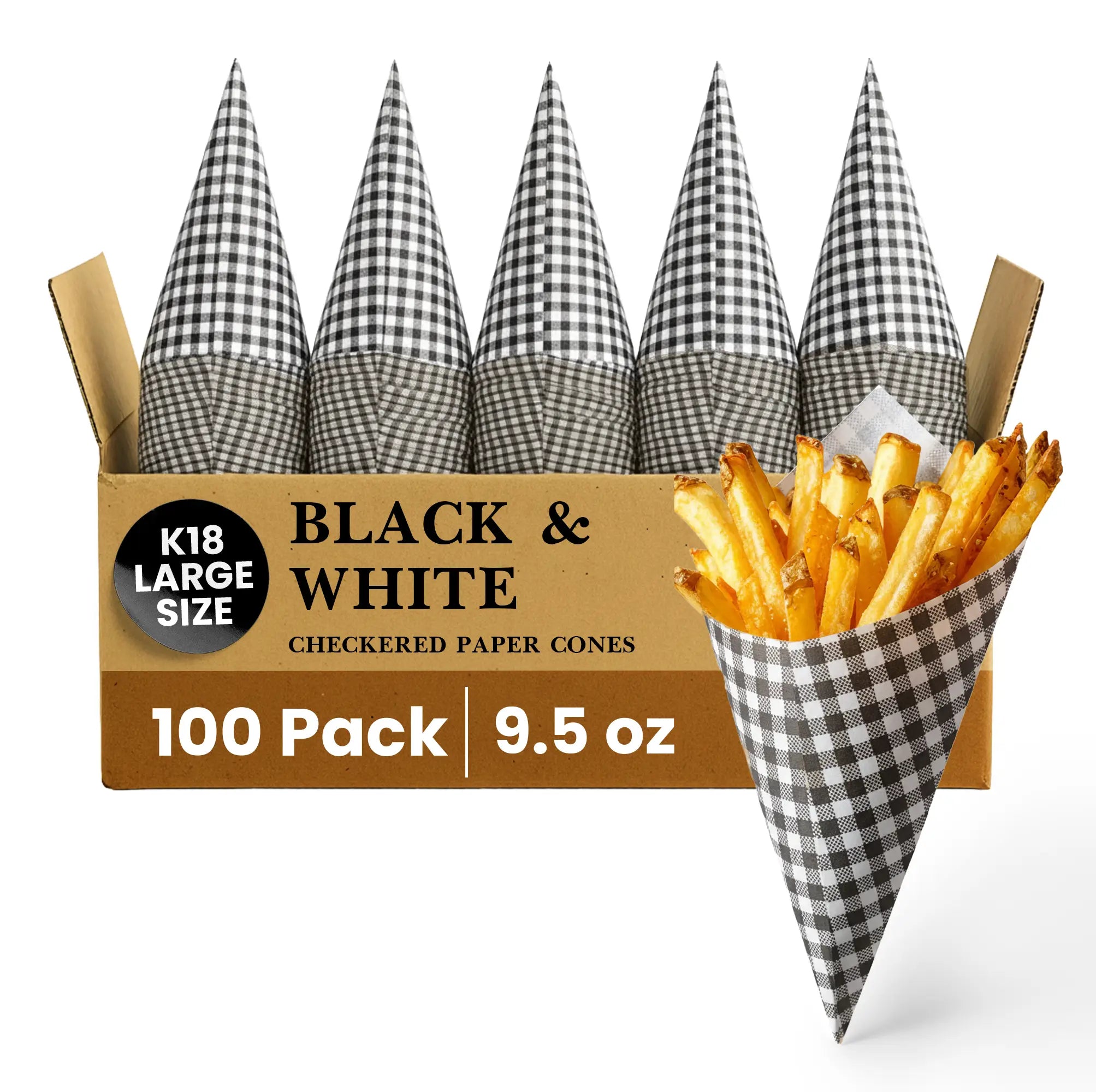K18 LARGE SIZE
BLACK & WHITE
CHECKERED PAPER CONES
100 Pack
9.5 oz