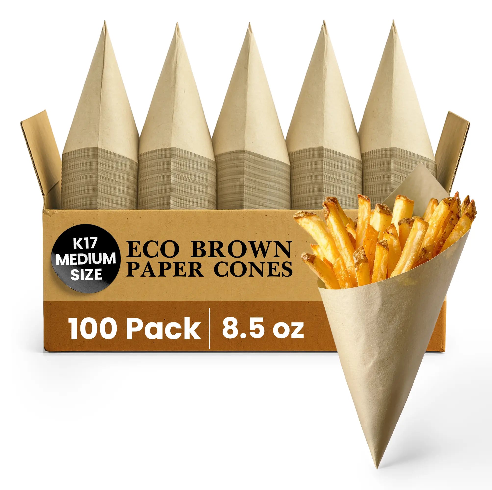 K17 MEDIUM SIZE
ECO BROWN PAPER CONES
100 Pack
8.5 oz