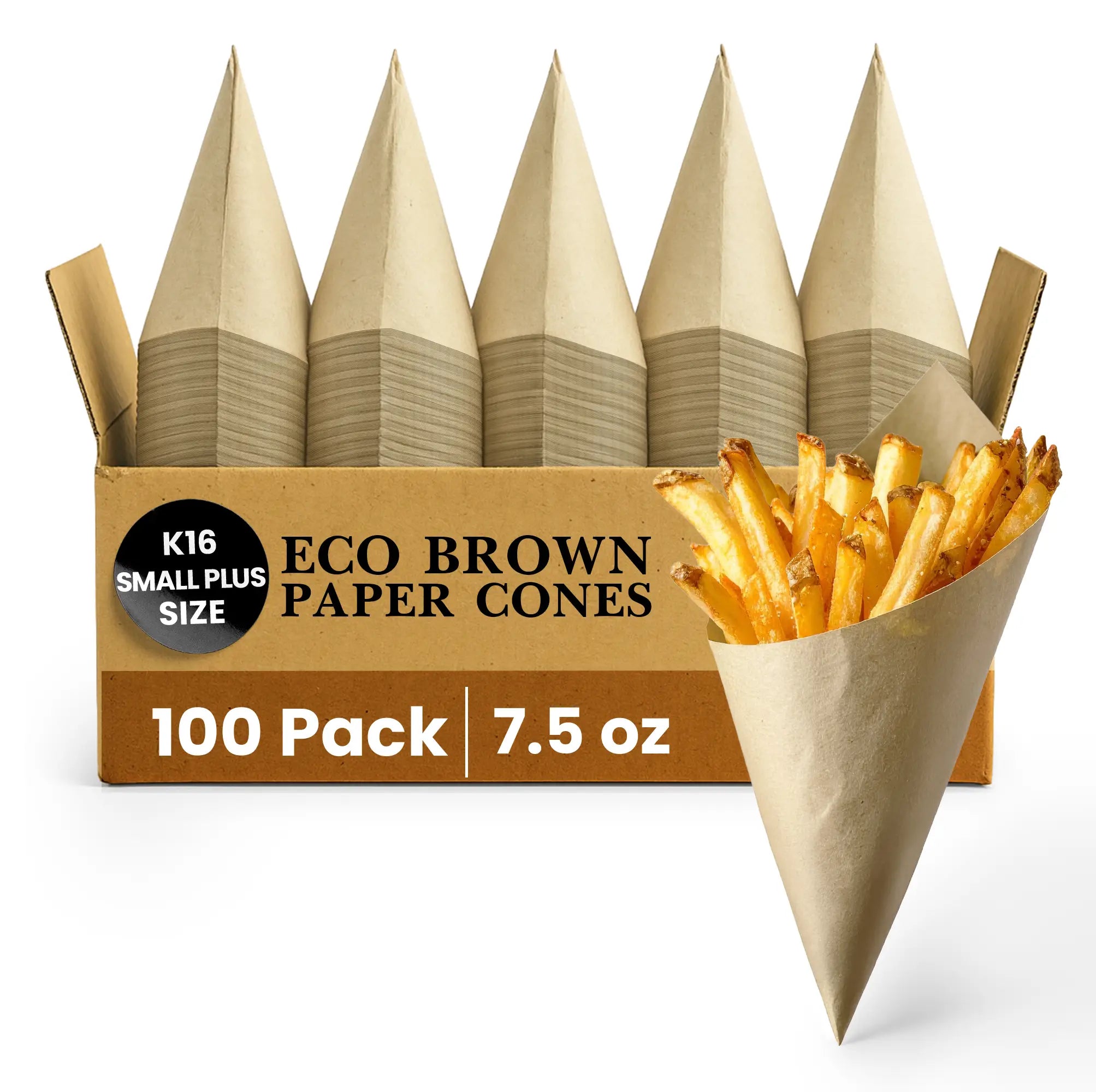 K16
SMALL PLUS SIZE
ECO BROWN PAPER CONES
100 Pack
7.5 oz