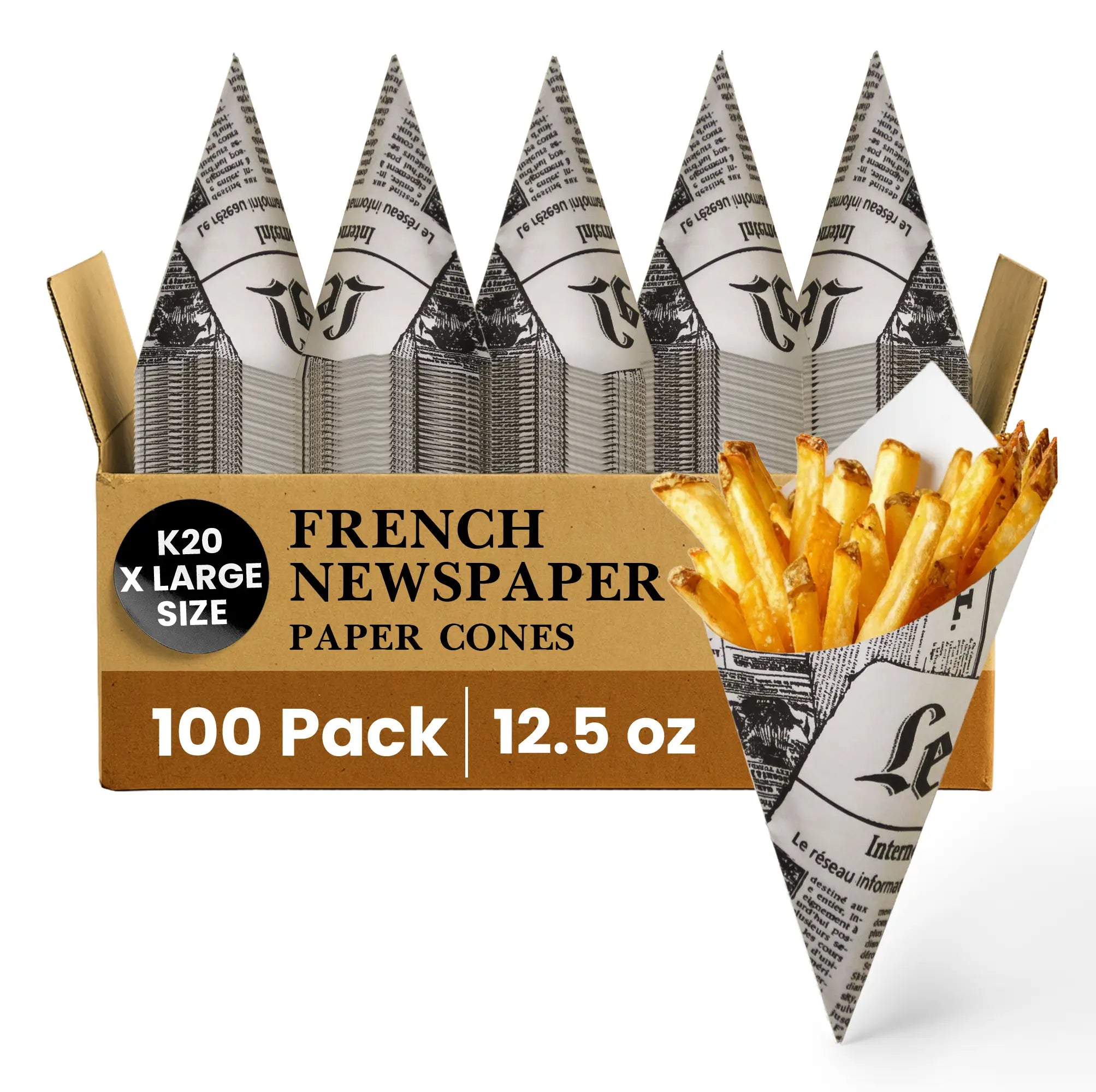 K20 X LARGE SIZE
FRENCH NEWSPAPER
PAPER CONES
100 Pack
12.5 oz