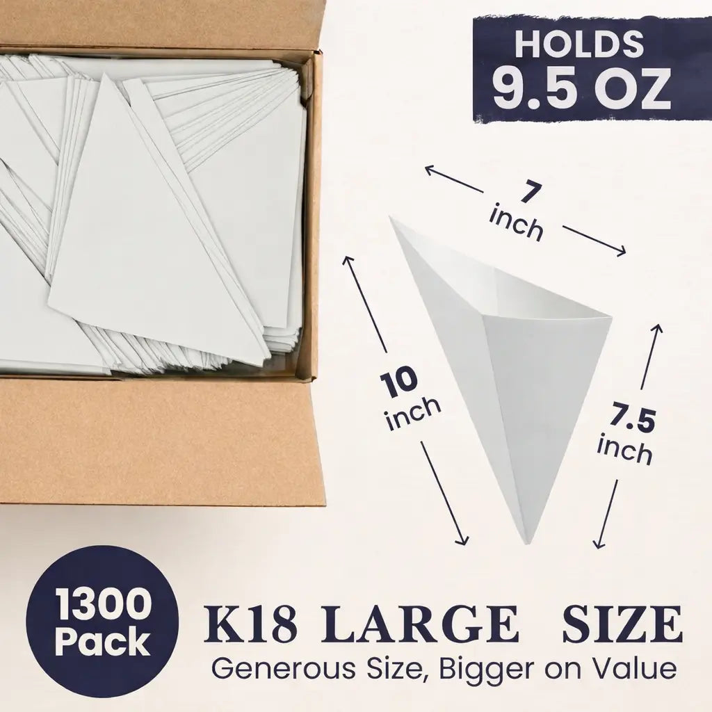 BLOW-OUT SALE Large K-18 White Cardboard Cones Without Sauce Container holds 9.5 oz.
