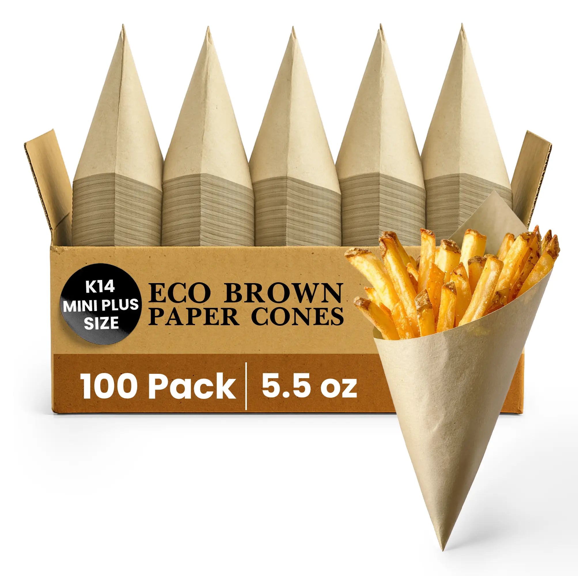 K14
MINI PLUS SIZE
ECO BROWN PAPER CONES
100 Pack
5.5 oz