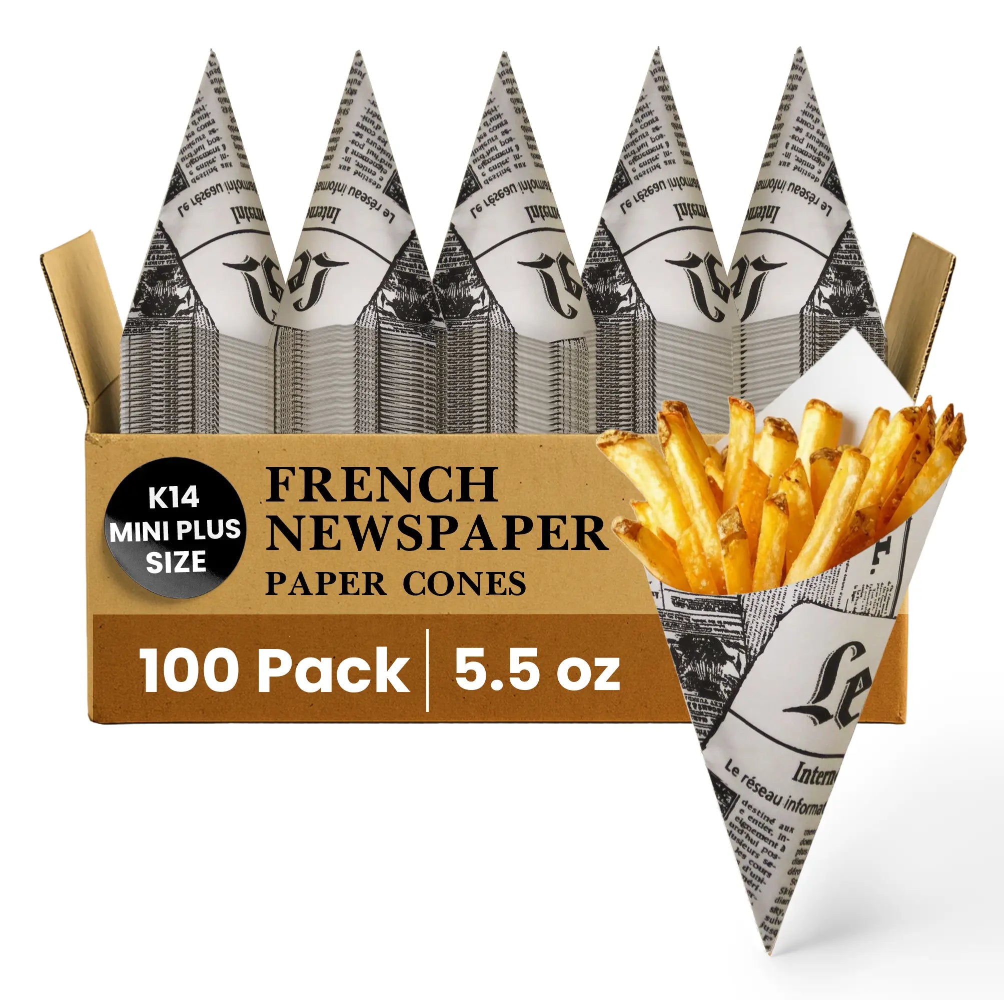 K14 MINI PLUS SIZE
FRENCH NEWSPAPER
PAPER CONES
100 Pack
5.5 oz