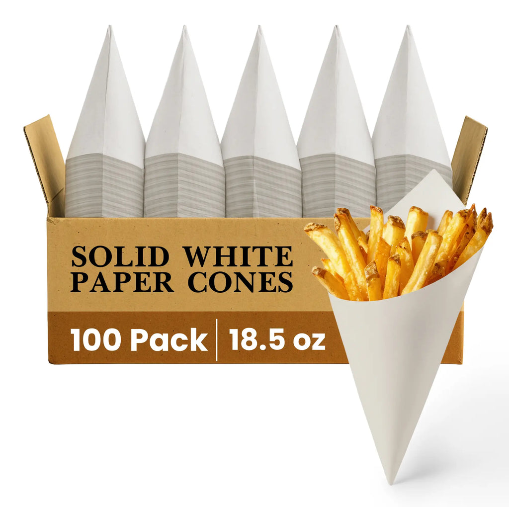 SOLID WHITE PAPER CONES
100 Pack
18.5 oz