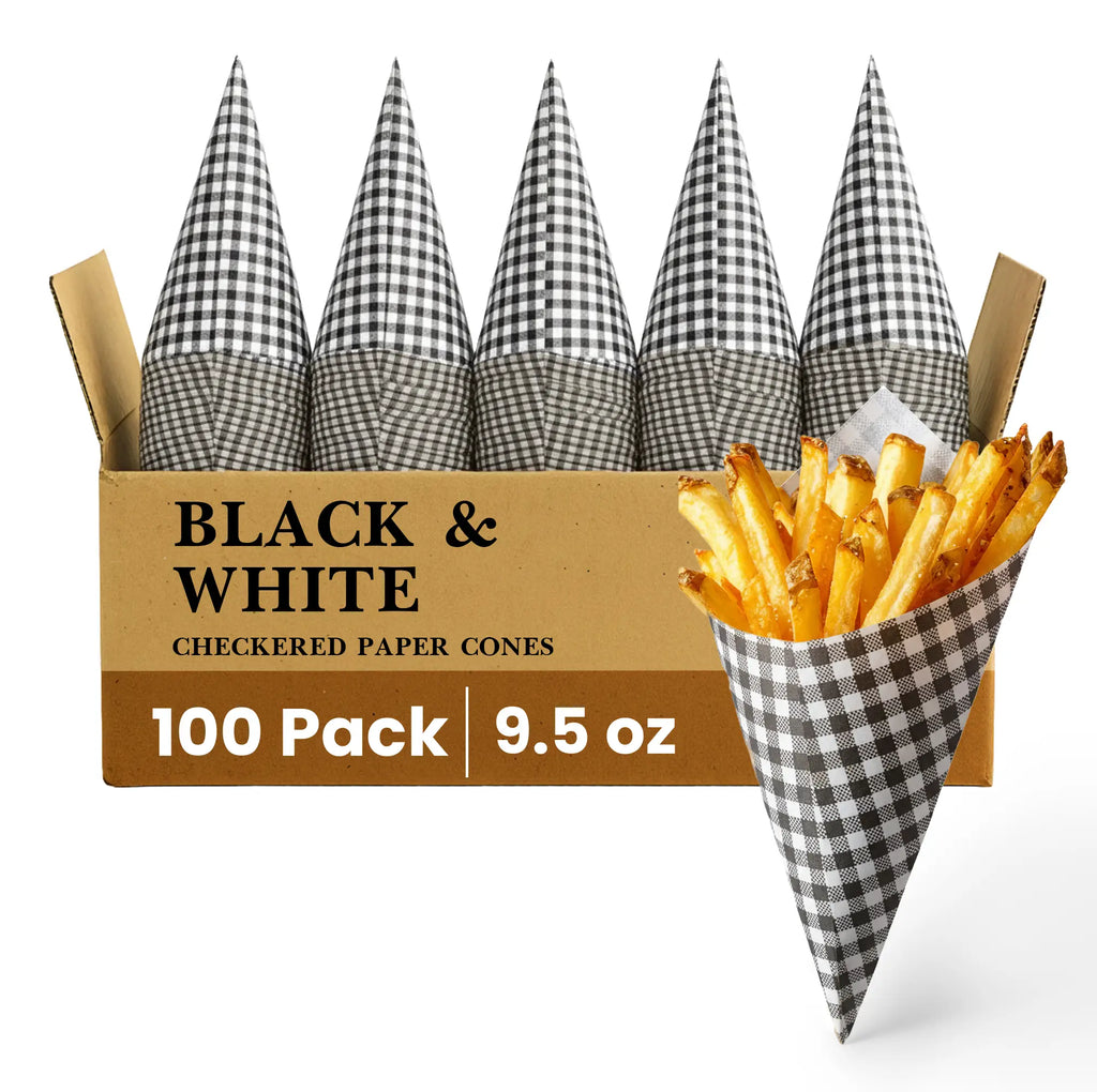BLACK & WHITE
CHECKERED PAPER CONES
100 Pack
9.5 oz
