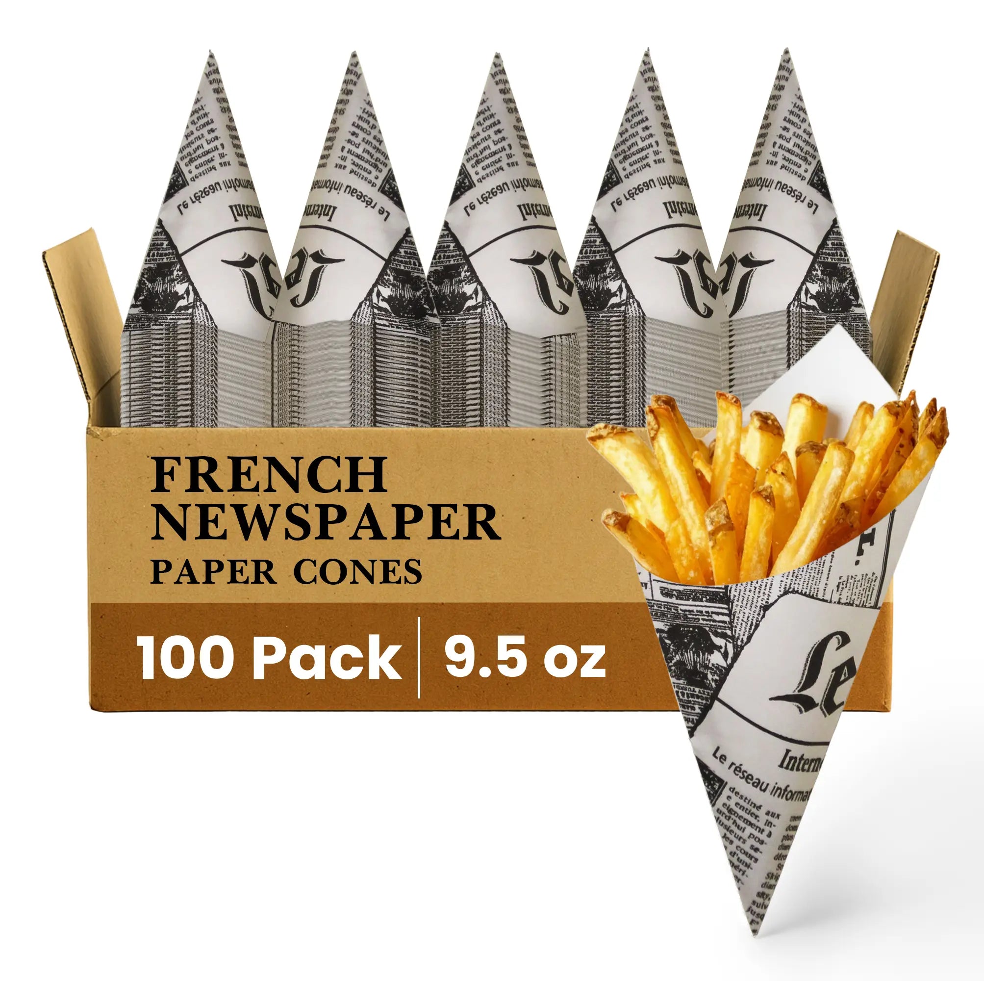 FRENCH NEWSPAPER
PAPER CONES
100 Pack
9.5 oz