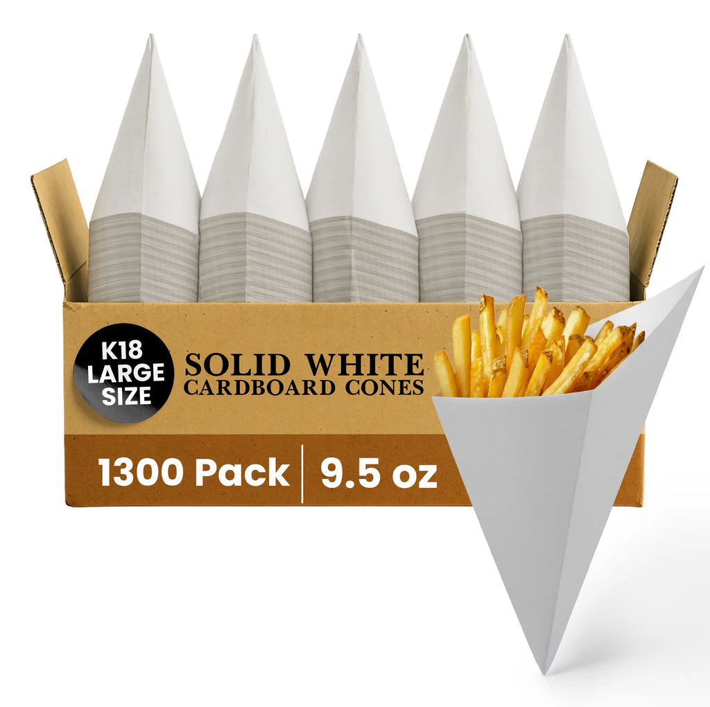 K18 LARGE SIZE
SOLID WHITE CARDBOARD CONES
1300 Pack
9.5 oz