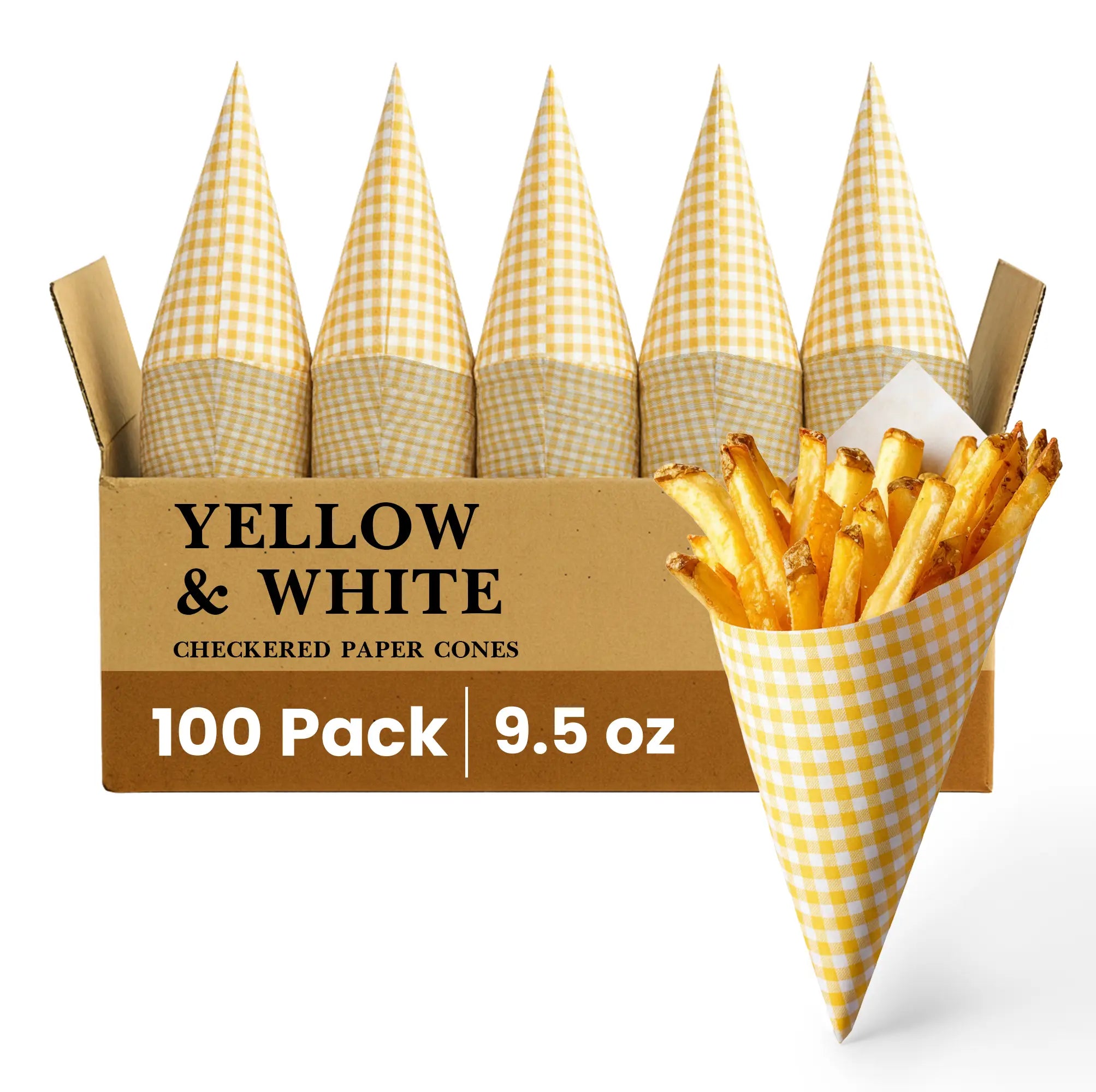 YELLOW & WHITE
CHECKERED PAPER CONES
100 Pack
9.5 oz