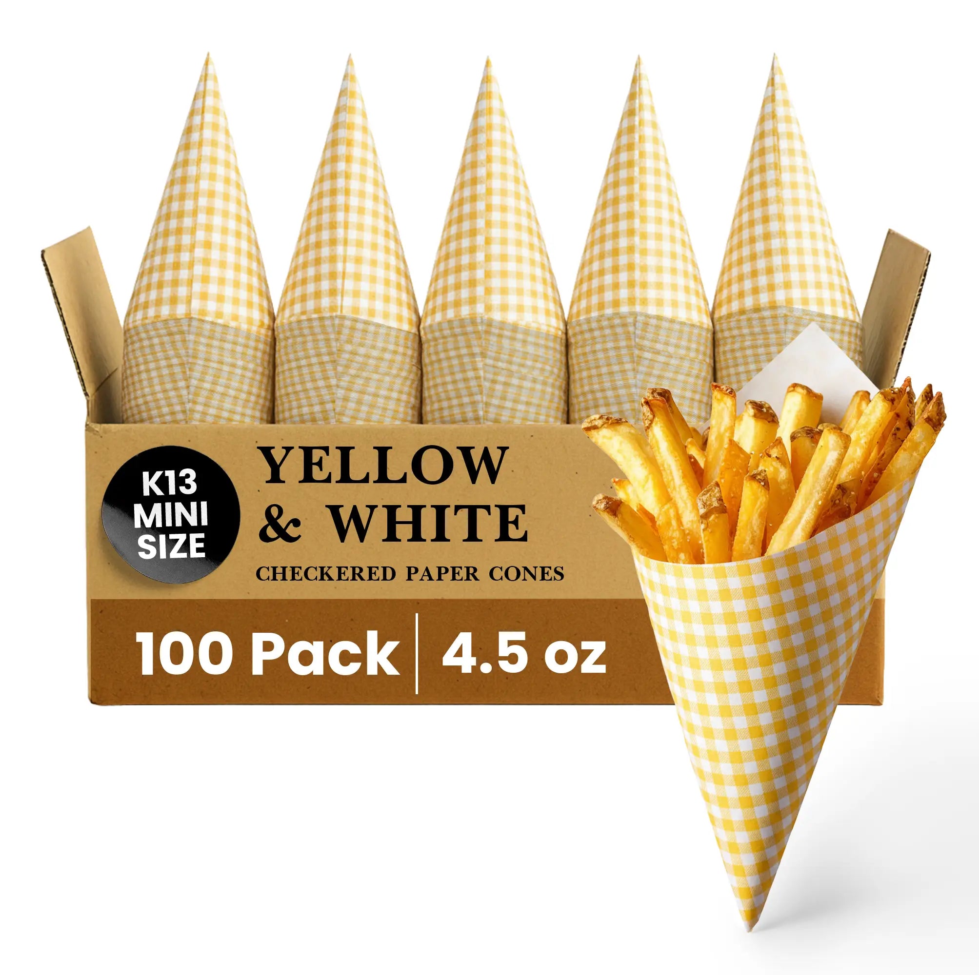 K13 MINI SIZE
YELLOW & WHITE
CHECKERED PAPER CONES
100 Pack
4.5 oz