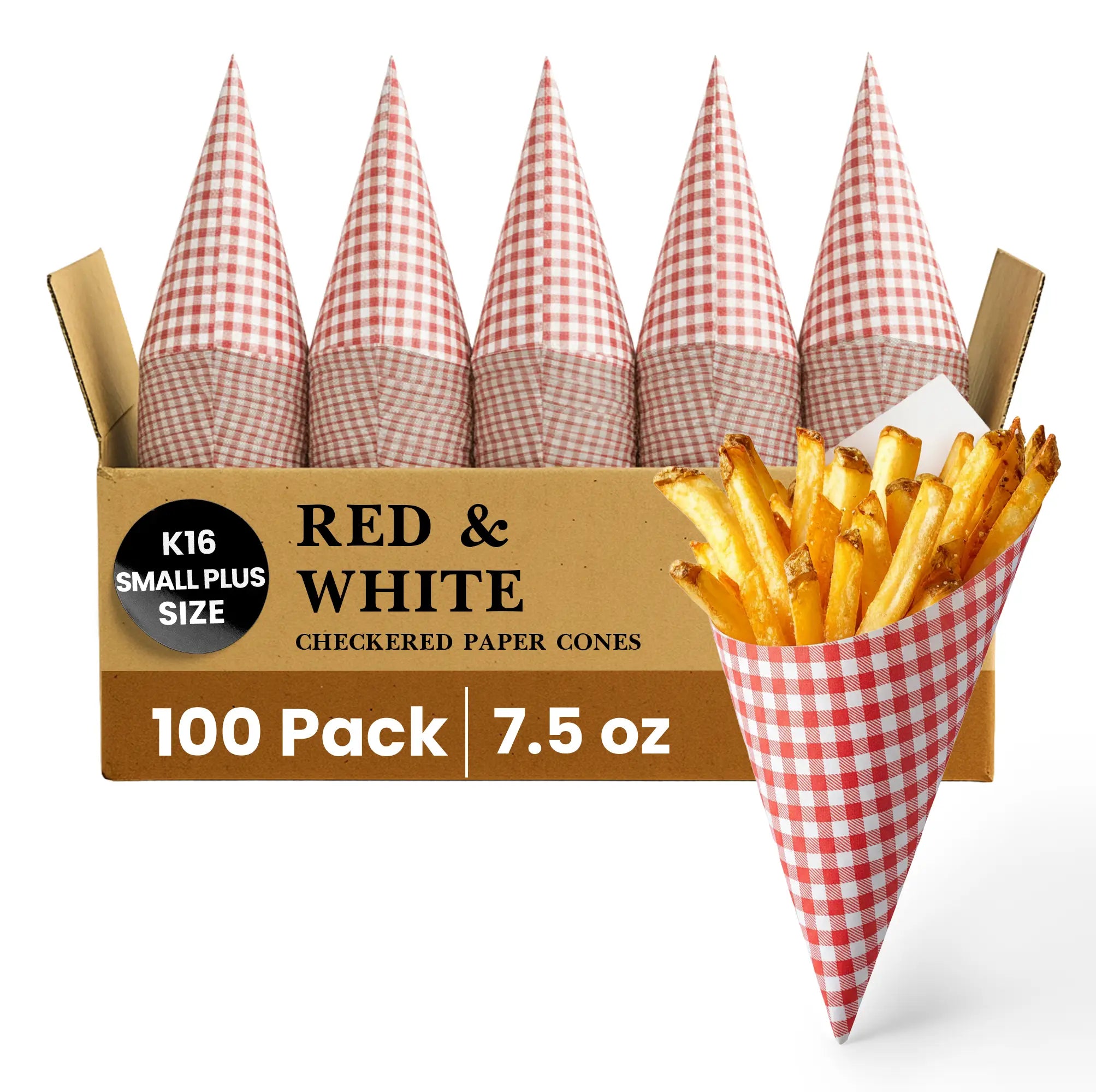 K16
SMALL PLUS SIZE
RED & WHITE
CHECKERED PAPER CONES
100 Pack
7.5 oz