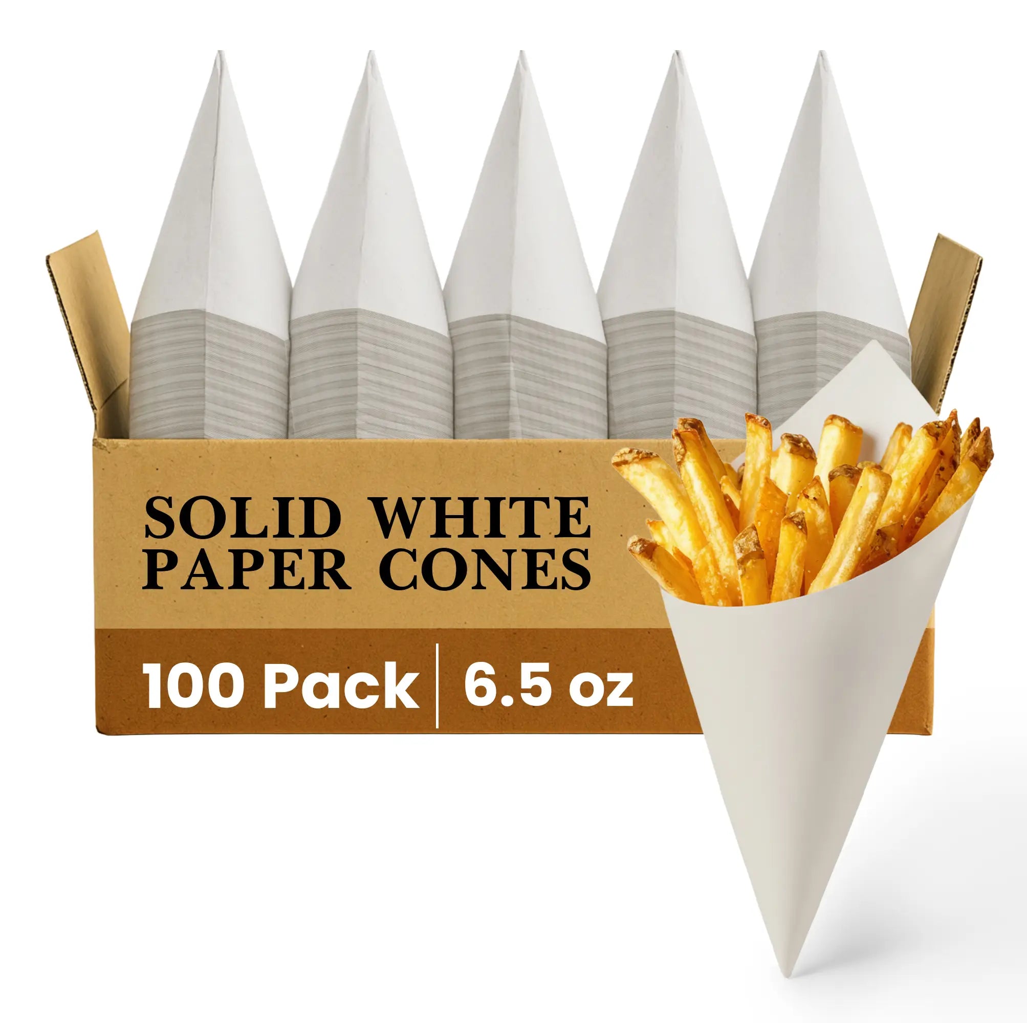 SOLID WHITE PAPER CONES
100 Pack
6.5 oz