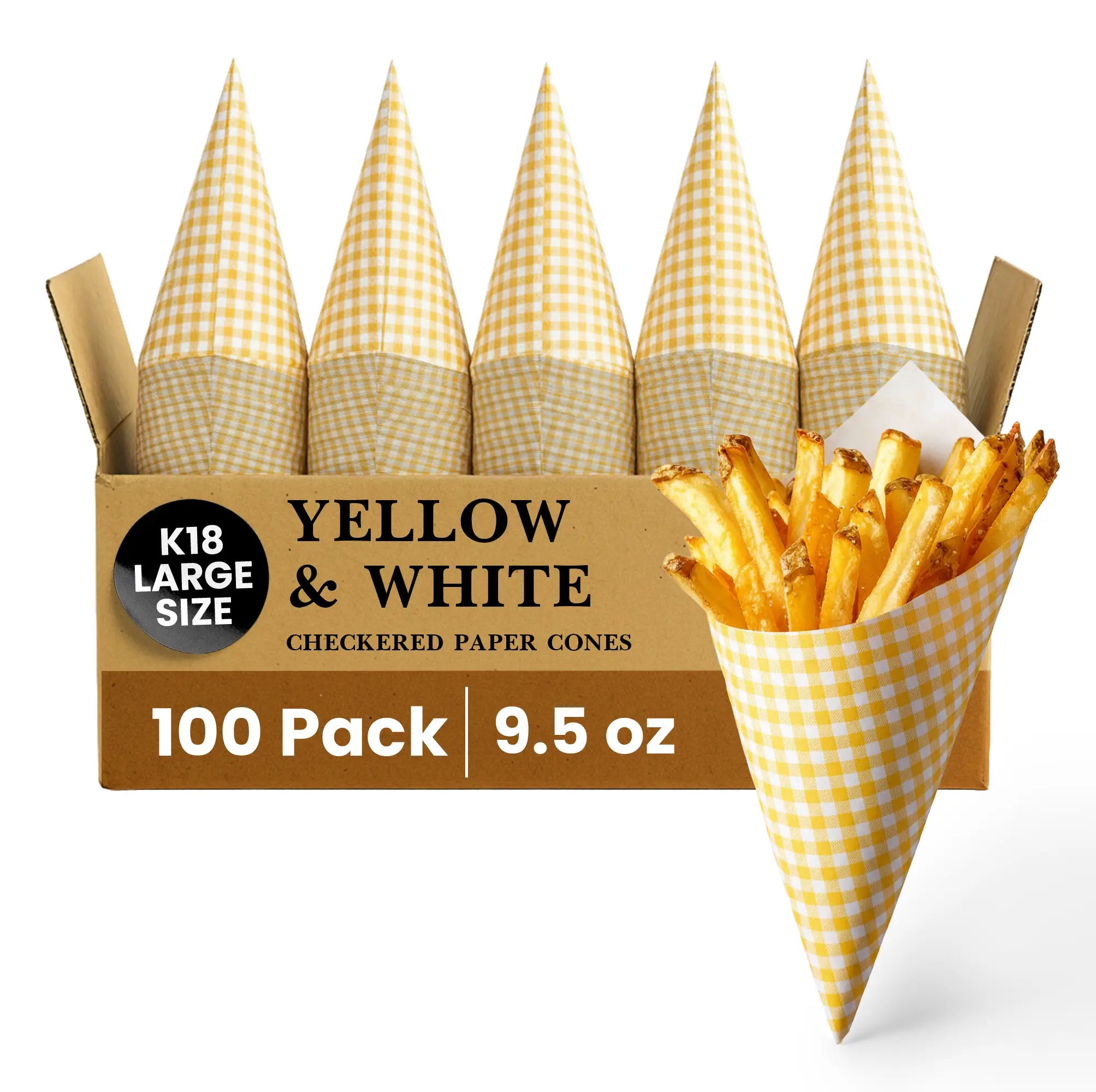 K18 LARGE SIZE
YELLOW & WHITE
CHECKERED PAPER CONES
100 Pack
9.5 oz